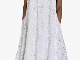Women Summer Ruffle Hem Floral Lace Eyelet Dress Casual Notch Neck Midi Tunic Dress with Pocket